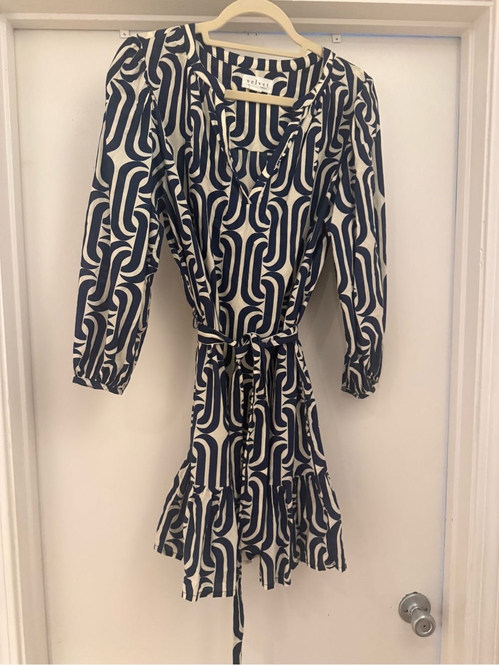 Velvet by Graham & Spencer Navy and White Geometric Wrap Dress with Ruffle Hem